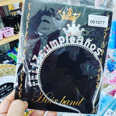 VINCHA FELIZ CUMPLEAÑOS CON STRASS DORADO X 2 UNIDADES