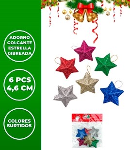 ADORNO NAVIDEÑO ESTRELLA GIBREADA CHICA 6PCS COLORES SURTIDOS 4.6CM