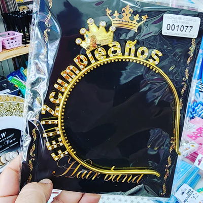 VINCHA FELIZ CUMPLEAÑOS CON STRASS DORADO X 1 UNIDAD