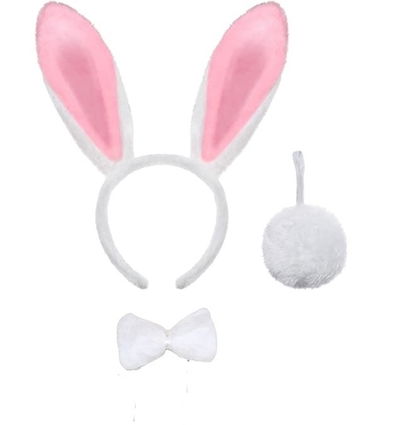 SET CONEJA PELUCHE X 3 (VINCHA, MOÑO Y POMPON) ROSA Y BLANCO