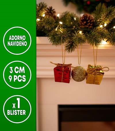 ADORNO NAVIDEÑO 3CM SURTIDOS 9 PCS (REGALO/ESFERA) DORADO/ROJO