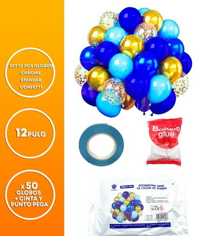 SET 52 PCS GLOBOS LATEX/CHROME/STANDARD/CONFETTI CINTA+PUNTO PEG. PLATA/BLANCO