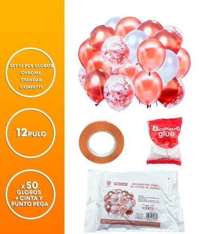SET 52 PCS GLOBOS LATEX/CHROME/STANDARD/CONFETTI CINTA+PUNTO PEG. ROSA.GOLD