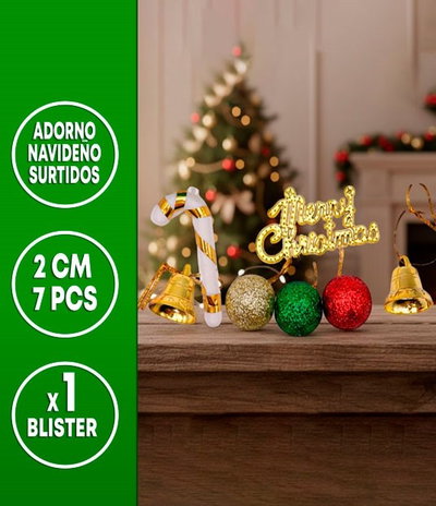 ADORNO NAVIDEÑO SURTIDOS 2CM 7PCS COL SURT(CAMPANA/ESFERA/MERRY CHRISTMAS/BASTON)