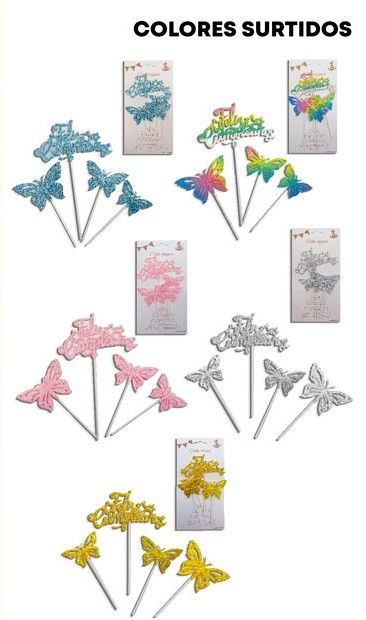 CAKE TOPPER FELIZ CUMPLEAÑOS GIBREADO 4PCS MARIPOSA COLORES SURTIDOS