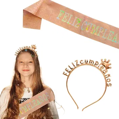 SET VINCHA STRASS Y BANDA FELIZ CUMPLEAÑOS ROSA GOLD