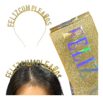 SET VINCHA STRASS Y BANDA FELIZ CUMPLEAÑOS DORADO