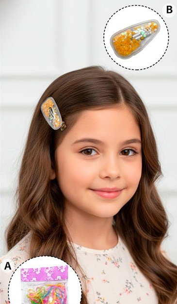 PLANCHA GOMITA ELASTICAS P/PELO Y HEBILLAS C/CONFETTI MODELOS SURTIDOS X 20 BLISTERS