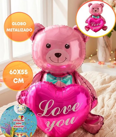 (2 UNIDADES) GLOBO METALIZADO SILUETA OSO ROSA CORAZON FUCSIA 60X55CM
