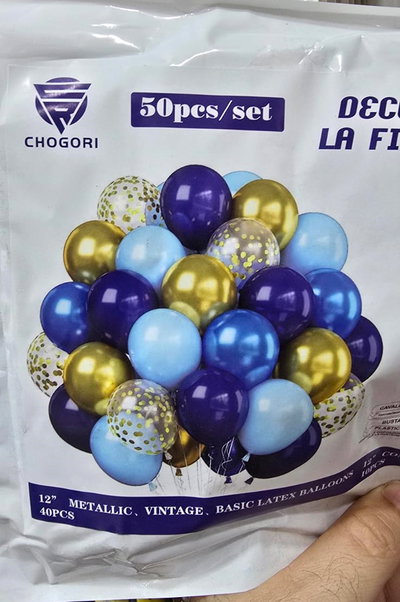 SET 52 PCS GLOBOS LATEX/CHROME/STANDARD/CONFETTI CINTA+PUNTO PEG. AZUL