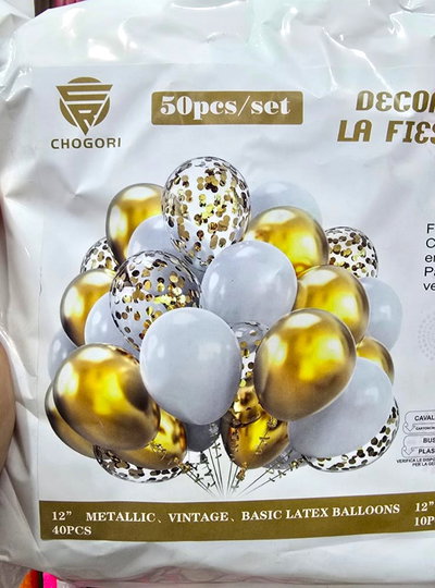 SET 52 PCS GLOBOS LATEX/CHROME/STANDARD/CONFETTI CINTA+PUNTO PEG. BLANCO/DORADO