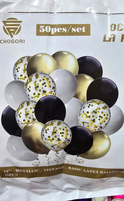 SET 52 PCS GLOBOS LATEX/CHROME/STANDARD/CONFETTI CINTA+PUNTO PEG. DORADO/BLANCO/NEGRO -