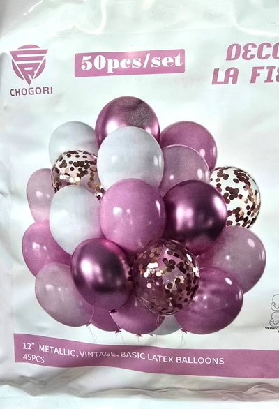 SET 52 PCS GLOBOS LATEX/CHROME/STANDARD/CONFETTI CINTA+PUNTO PEG. ROSA