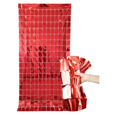 (2 UNIDADES) CORTINA METALIZADA CUADRADOS BRICK WALL ROJA OFERTA WEB