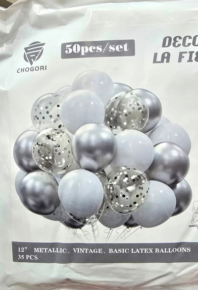 SET 52 PCS GLOBOS LATEX/CHROME/STANDARD/CONFETTI CINTA+PUNTO PEG. PLATA/BLANCO