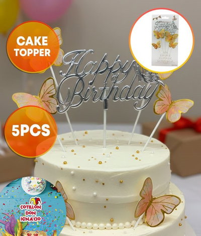 CAKE TOPPER HAPPY BIRTHDAY 3D METALIZADO 5PCS PLATA