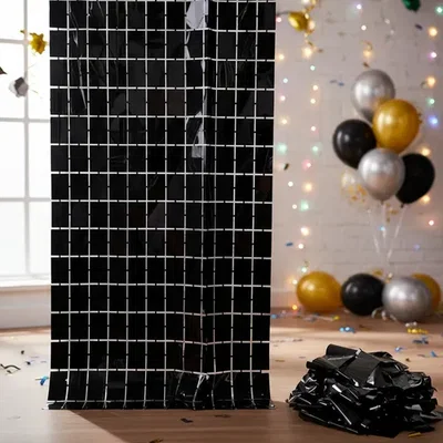 (2 UNIDADES) CORTINA METALIZADA CUADRADOS BRICK WALL 1X2 M NEGRA