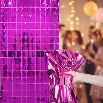 (2 UNIDADES) CORTINA METALIZADA CUADRADOS BRICK WALL 1X2 M FUCSIA