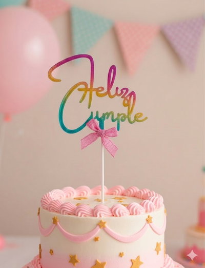 CAKE TOPPER FELIZ CUMPLEAÑOS DEGRADE 3D C/MOÑO MULTICOLOR