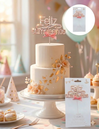 CAKE TOPPER FELIZ CUMPLEAÑOS METALIZADO C/STRASS IMPRENTA ROSA GOLD 