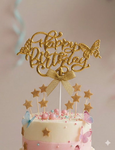 CAKE TOPPER HAPPY BIRTHDAY METALIZADO CURSIVA MARIPOSA DORADO