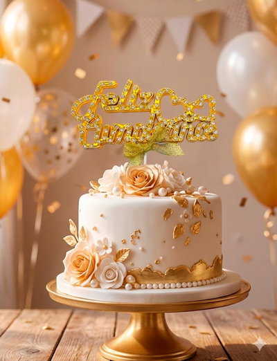 CAKE TOPPER FELIZ CUMPLEAÑOS METALIZADO C/STRASS CURSIVA CORAZON DORADO