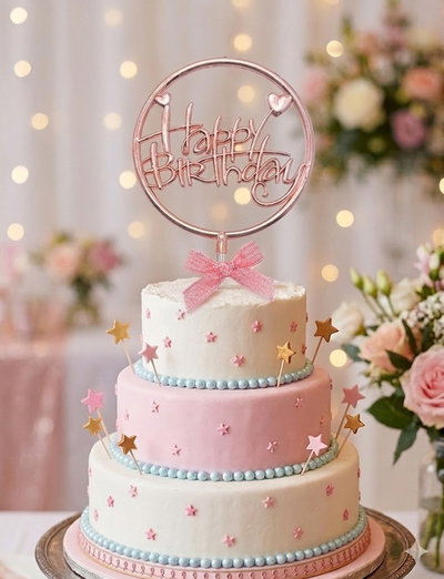 CAKE TOPPER CIRCULAR HAPPY BIRTHDAY ROSA GOLD