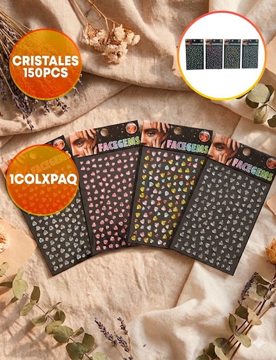 CRISTALES P/ROSTRO CORAZONES 150PCS COLORES SURTIDOS