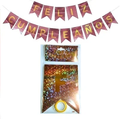 BANDERIN LASER FELIZ CUMPLEAÑOS METALIZADO ROSA.GOLD