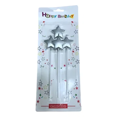VELA ESTRELLA METALIZADA CON PALITO 4PCS 15CM PLATA