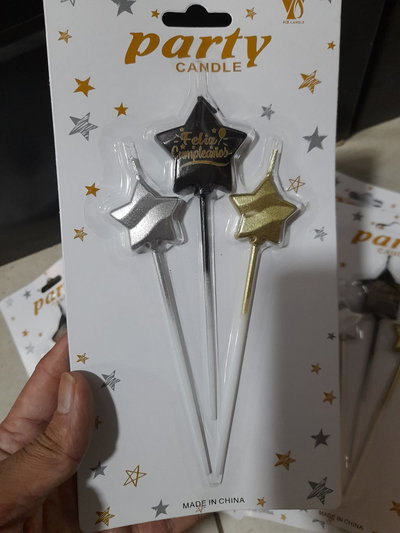 VELA METALIZADA FELIZ CUMPLEAÑOS CON PALITO 3PCS ESTRELLA COMBINADA