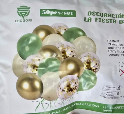 SET 52 PCS GLOBOS LATEX/CHROME/STANDARD/CONFETTI CINTA+PUNTO PEG. VERDE/AMARILLO