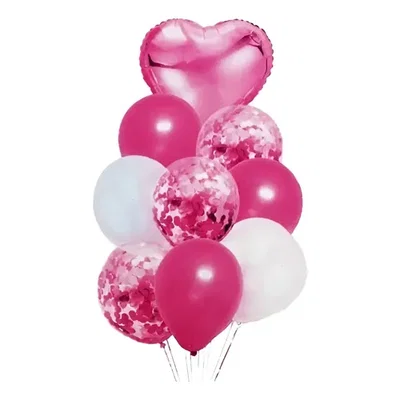 SET 9 GLOBOS CORAZON LATEX CONFETTI ROSA