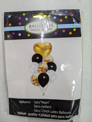 SET 9 GLOBOS CORAZON LATEX CONFETTI NEGRO Y DORADO