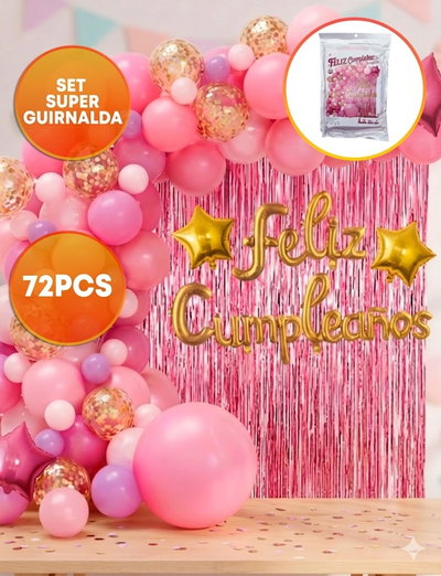 SET SUPER GUIRNALDA DE GLOBOS FC CORTINA ROSA 72PCS ROSA/LILA/DORADO
