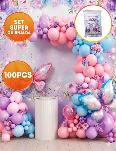SET SUPER GUIRNALDA DE GLOBO PASTEL MARIPOSA 100PCS LILA/ROSA/CELESTE 
