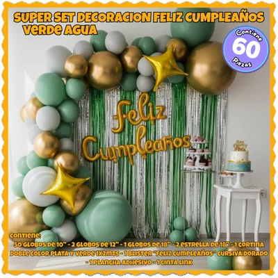 SET SUPER GUIRNALDA GLOBOS CORTINA METAL. FC VERDE AQUA 60PCS