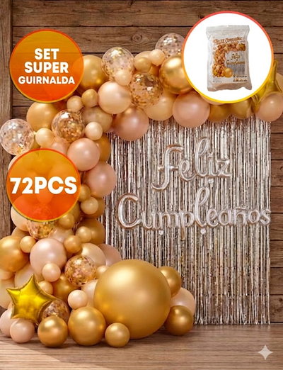 SET SUPER GUIRNALDA DE GLOBO FC CORTINA PLATA 72PCS DORADO CONFETTI