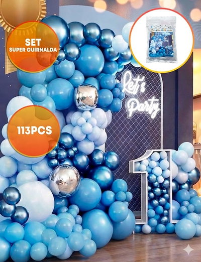 SET SUPER GUIRNALDA GLOBOS LETS PARTY 113PCS AZUL/PLATA/CELESTE