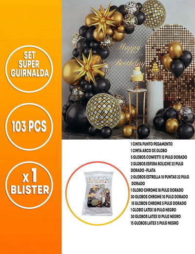 SET SUPER GUIRNALDA GLOBOS CORTINA METAL. HAPPY BIRTHDAY DORADO/NEGRO 103PCS