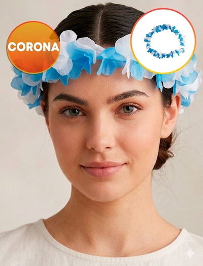 (12 UNIDADES) CORONA DE FLORES DE TELA ARGENTINA CELESTE Y BLANCO