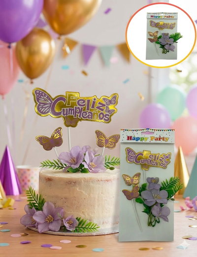 CAKE TOPPER FELIZ CUMPLEAÑOS MARIPOSA 3 PCS FLORES MODELOS SURTIDOS