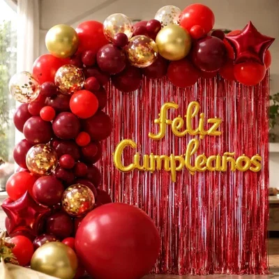 SET SUPER GUIRNALDA DE GLOBOS FC CORTINA ROJA 72PCS BORDO/ROJO/DORADO CONFETTI