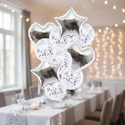SET 10 GLOBOS METALIZADO CORAZON ESTRELLA Y CONFETTI PLATA