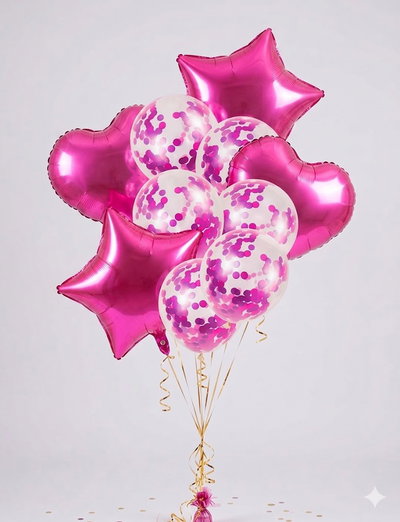 SET 10 GLOBOS METALIZADO CORAZON ESTRELLA Y CONFETTI ROSA