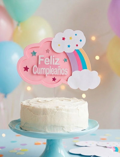 CAKE TOPPER FELIZ CUMPLEAÑOS NUBE C/ CONFETTI 20CM COLORES SURTIDOS