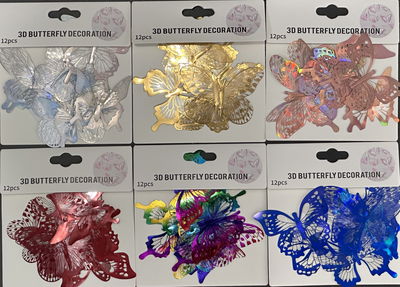 MARIPOSA 3D ADHESIVA METALIZADA X 12 U (VARIOS COLORES)