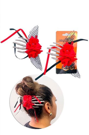 HEBILLA MANO ESQUELETO CON ROSAS 10CM ROJO/NEGRO