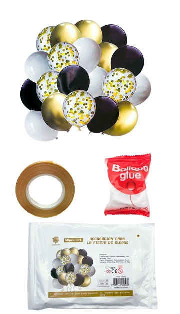 SET 52 GLOBOS LATEX/CHROME/STANDARD/CONFETTI CINTA+PUNTO PEG. DORADO/BLANCO/NEGRO