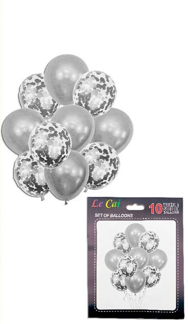 SET 10 GLOBOS LATEX CON CONFETTI PLATEADO